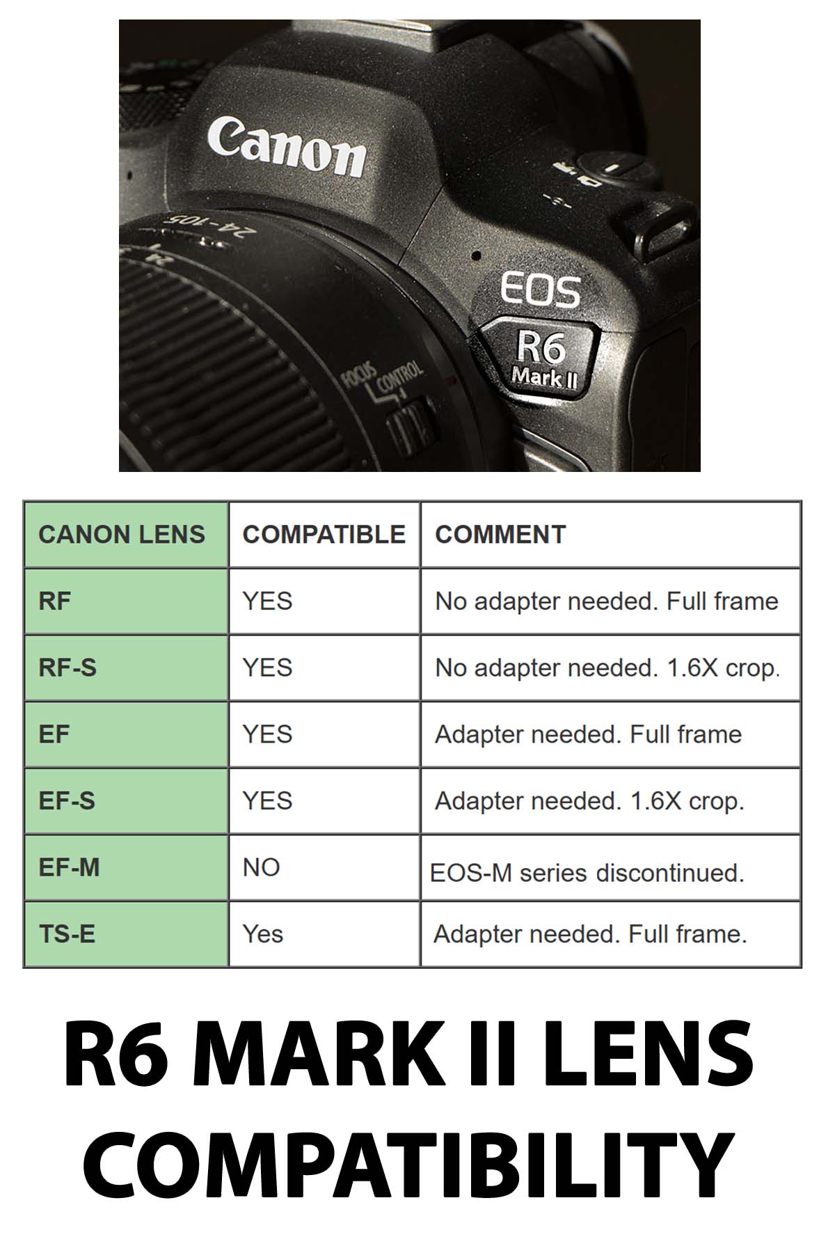 Table of Canon R6 Mark II compatible lenses